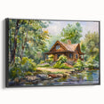 Black and white framed canvas featuring a vintage poster art style landscape of cottages, ideal for bedroom wall decor.