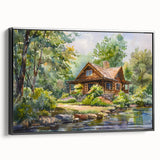 Black and white framed canvas featuring a vintage poster art style landscape of cottages, ideal for bedroom wall decor.