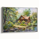 Mid-century modernist cottages in muted earth tones on a large framed canvas, suitable for modern art wall decor.