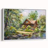 Framed canvas depicting a landscape of vintage-style cottages in muted earth tones.