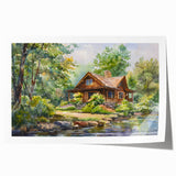 Rolled print of quaint cottages in vibrant green and beige tones, ideal for dining room wall decor.
