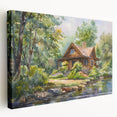 Print of quaint cottages in muted earth tones on stretched canvas, ideal for kitchen wall art.