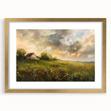 Abstract art print of geometric shapes in gold and black, framed in gold, ideal for bedroom or dining room decor.