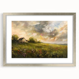 Textured abstract art print of cottages in silver frame, using muted earth tones, ideal for bedroom wall decor.