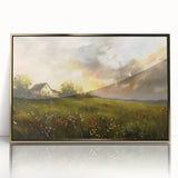 Mid-century modernist art depicting cottages in muted earth tones on a framed acrylic, ideal for nursery wall art.