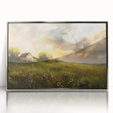 Art deco poster depicting modern architecture and cottages, framed in silver acrylic, suited for nursery wall art.