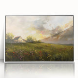 Mid-century modernist cottages in muted pastel tones on a framed acrylic print, suitable for nursery wall art.