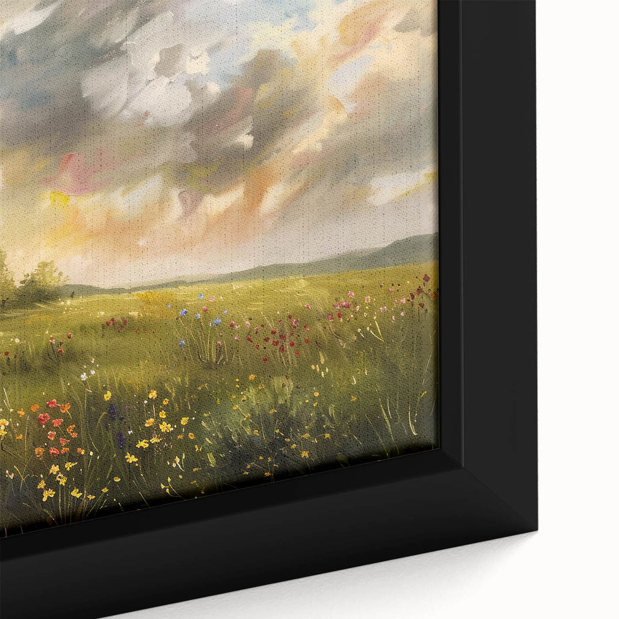 Framed canvas of a textured, black wall art featuring colorful, abstract cottages, ideal for extra large living room decor.