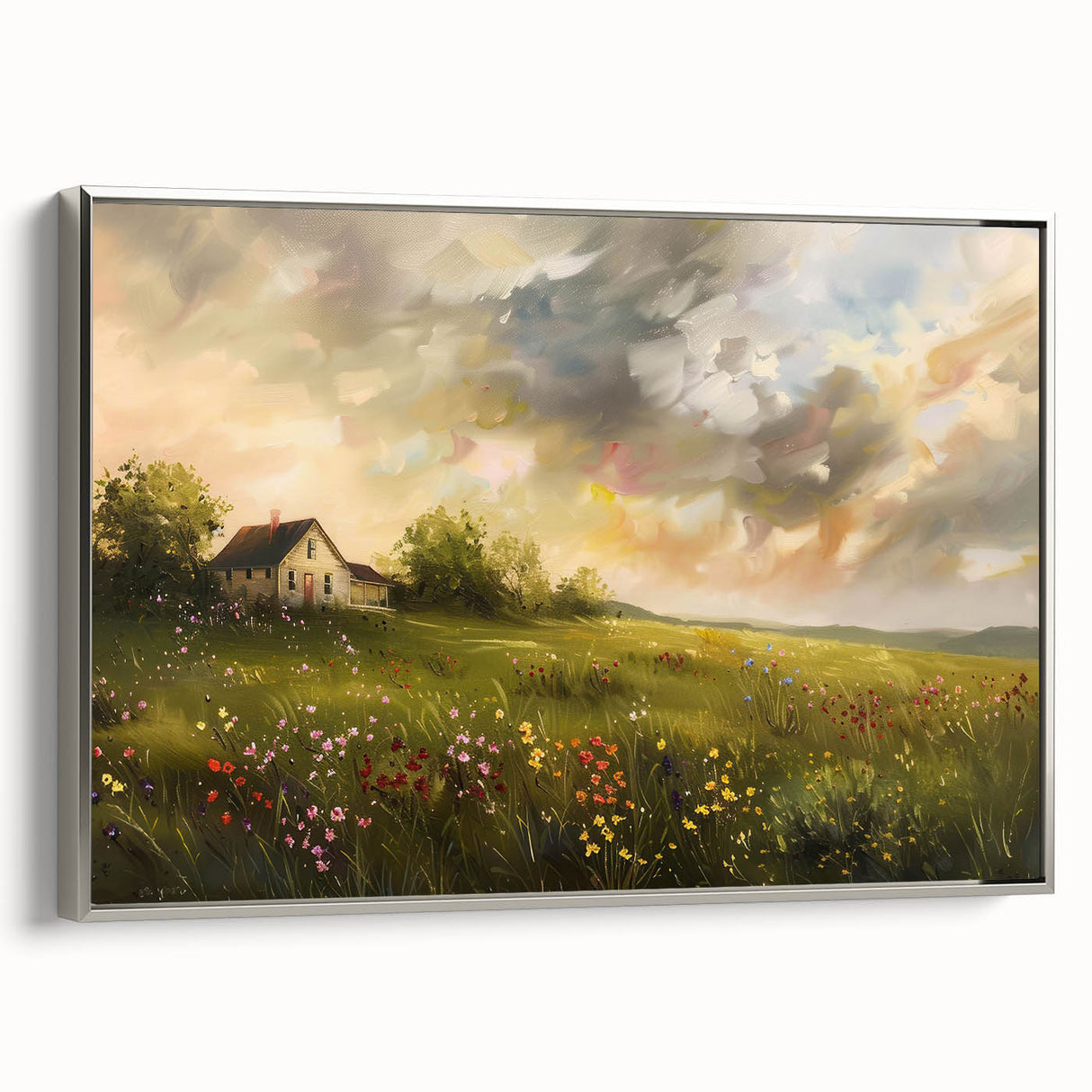 Framed canvas depicting a vintage-style landscape with cottages in muted earth tones, ideal for bedroom wall art.