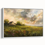 Framed canvas of a vintage landscape painting featuring colorful cottages, ideal for brightening a living room.