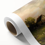 Art Deco style poster of quaint cottages in pastel shades, printed on rolled canvas, ideal for nursery wall art.