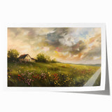 Rolled print of quaint cottages in muted earth tones, ideal for art wall dining room or bathroom decor.