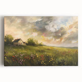 Black and white stretched canvas of cottage architecture, ideal for kitchen wall art.