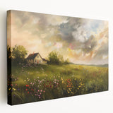 Row of colorful cottage facades on stretched canvas, ideal for kitchen wall art.