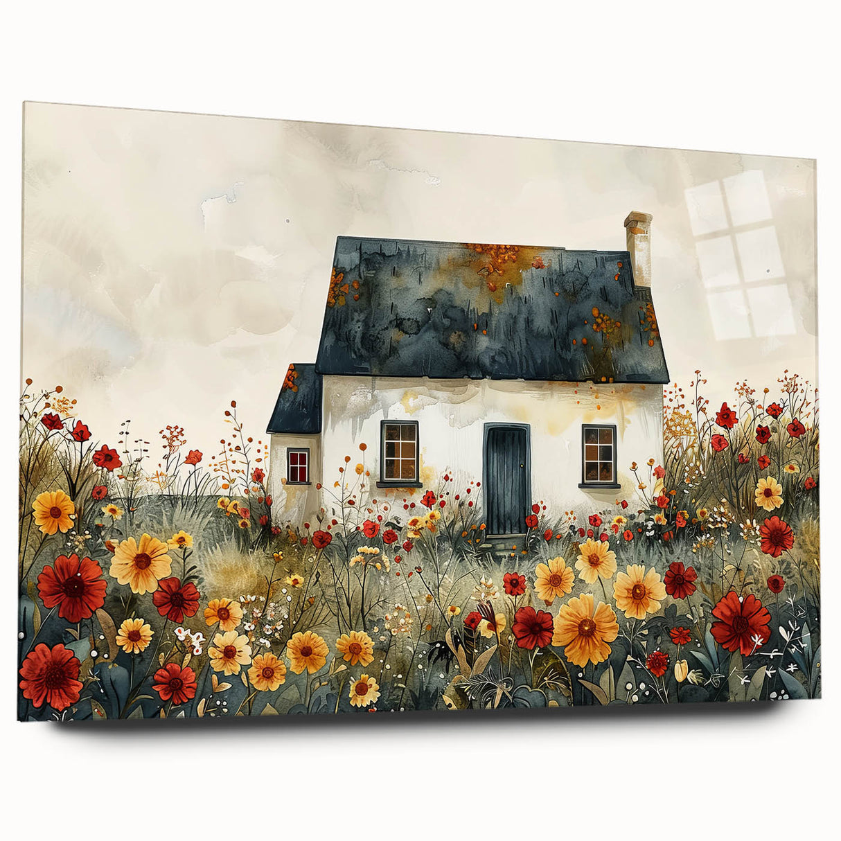 Large abstract wall art of cottages in muted earth tones on acrylic glass, ideal for bedroom or dining room decor.