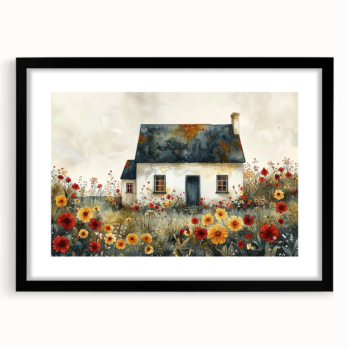 Extra large abstract art print featuring textured, colorful art of cottages, in a black frame with mat.