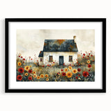 Extra large abstract art print featuring textured, colorful art of cottages, in a black frame with mat.