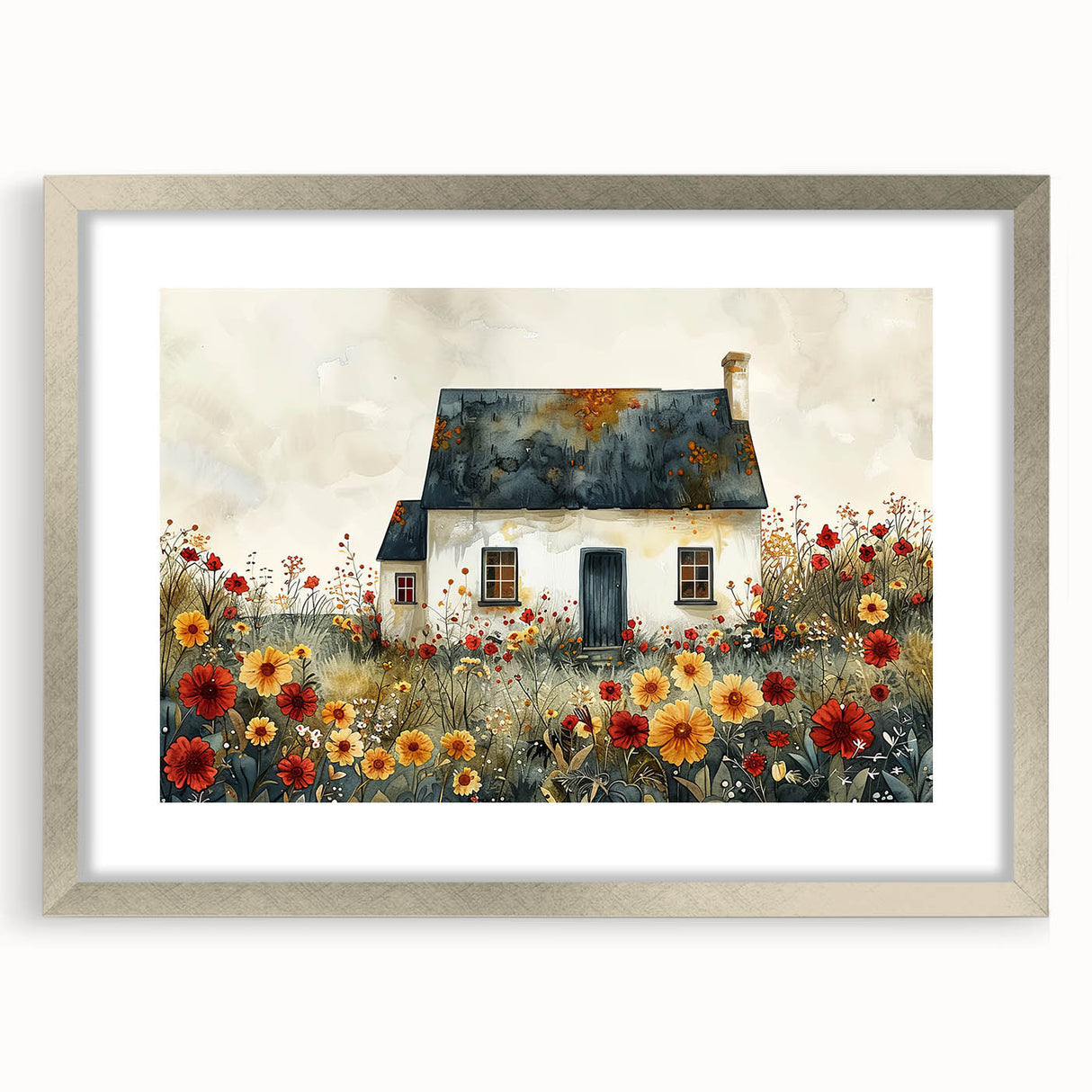 Textured abstract art print of cottages in muted earth tones on a framed silver mat, suitable for bedroom decor.