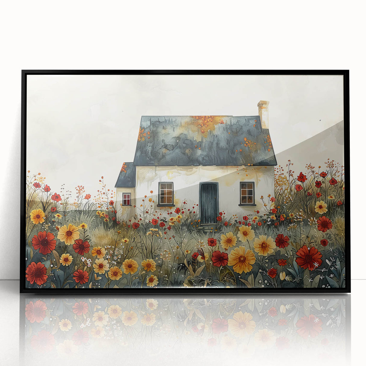 Large abstract wall art featuring geometric shapes in muted earth tones, framed in black acrylic.