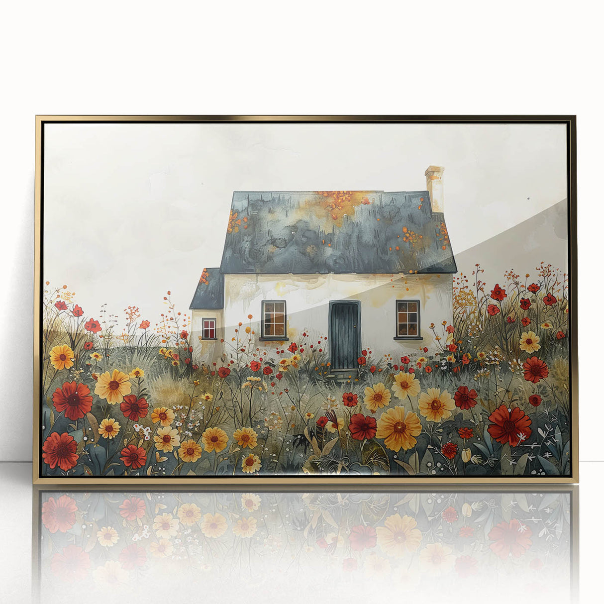 Mid-century modernist art depicting quaint cottages in muted pastel tones, framed acrylic, ideal for nursery wall art.