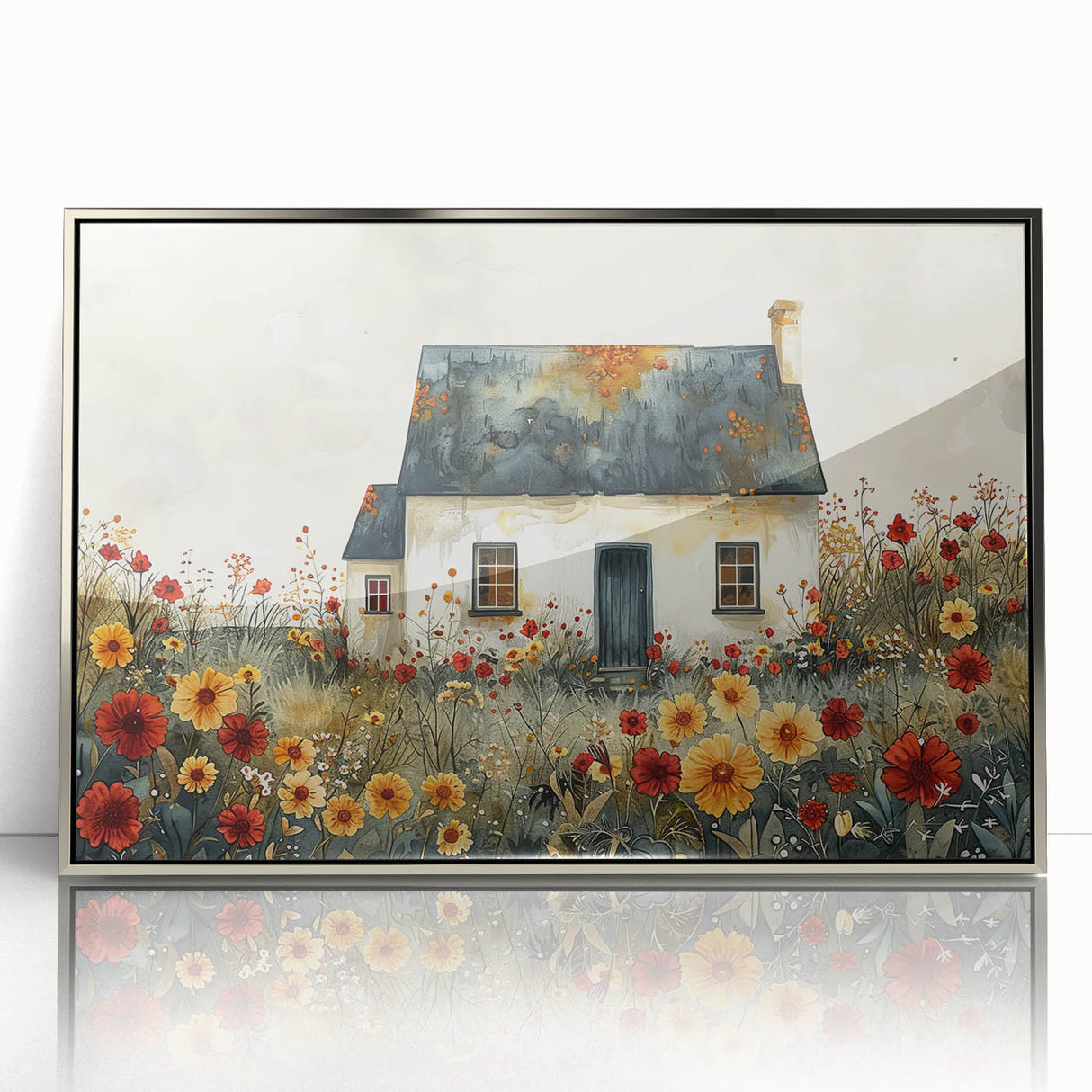 Art deco poster featuring symmetrical silver cottages on acrylic, ideal for modern nursery wall art.
