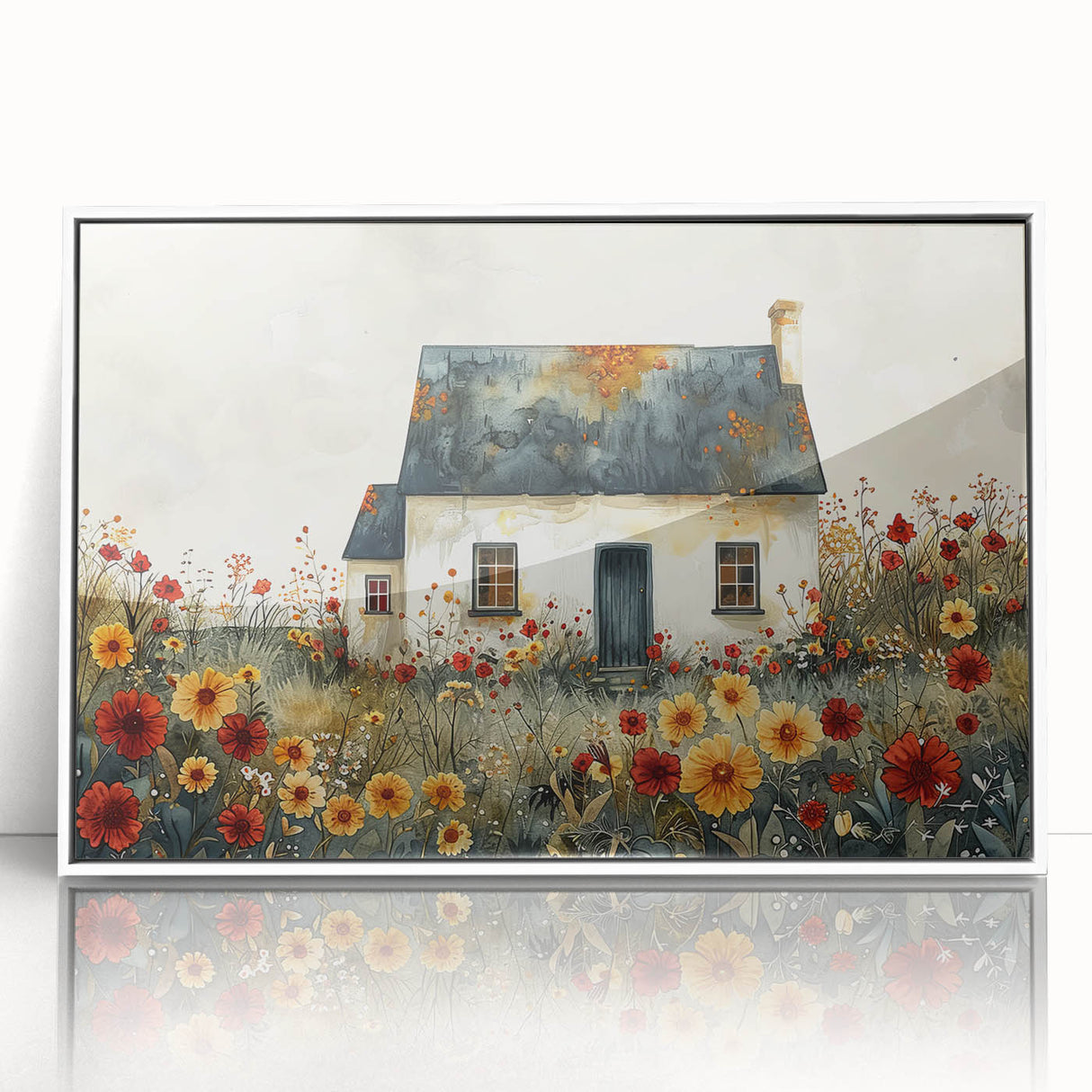Mid-century modernist acrylic print of stylized cottages in muted earth tones, framed in white, ideal for nursery wall art.