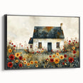 Black and white vintage poster art of cottages in a landscape on framed canvas, suitable for bedroom decor.