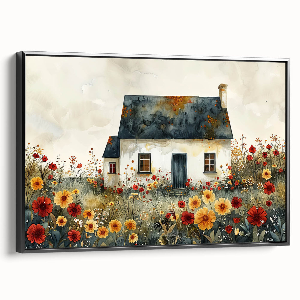 Black and white vintage poster art of cottages in a landscape on framed canvas, suitable for bedroom decor.