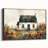 Black and white vintage poster art of cottages in a landscape on framed canvas, suitable for bedroom decor.