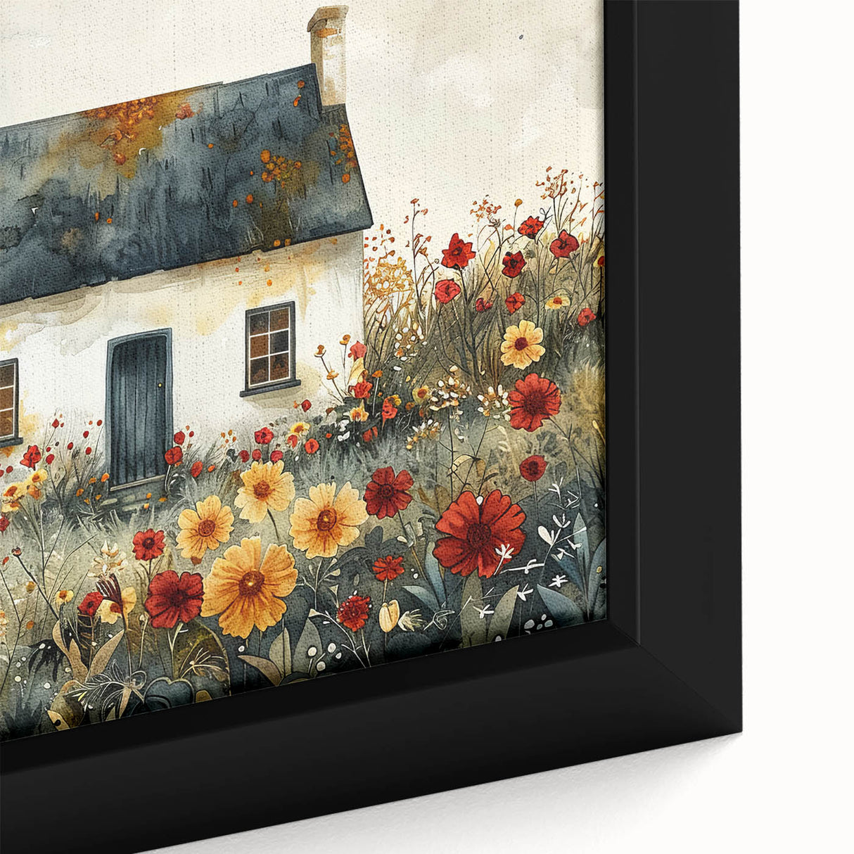 Black wall art featuring textured, colorful cottages in a framed canvas, ideal for extra large living room decor.