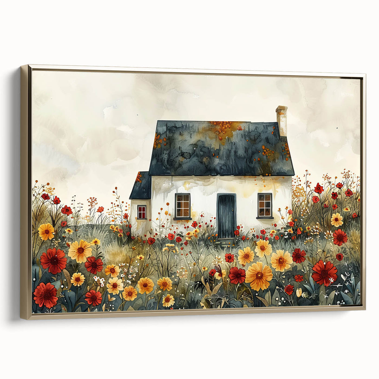 Extra large framed canvas featuring vintage poster art of colorful cottages in black, ideal for living room decor.