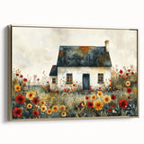 Extra large framed canvas featuring vintage poster art of colorful cottages in black, ideal for living room decor.