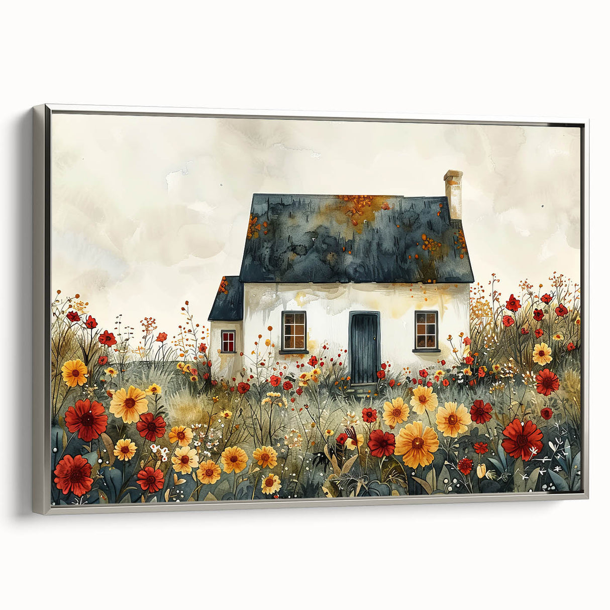 Framed canvas featuring a vintage landscape of cottages in muted black and gray tones, ideal for bedroom wall art.