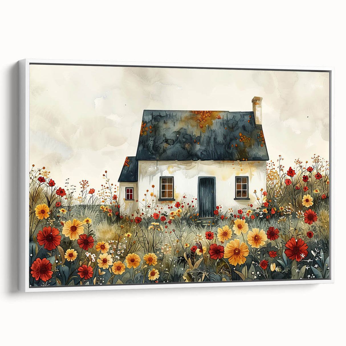 Framed canvas of a vintage-style landscape art painting featuring colorful cottages, ideal for living room decor.