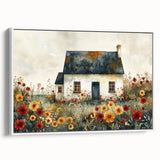 Framed canvas of a vintage-style landscape art painting featuring colorful cottages, ideal for living room decor.