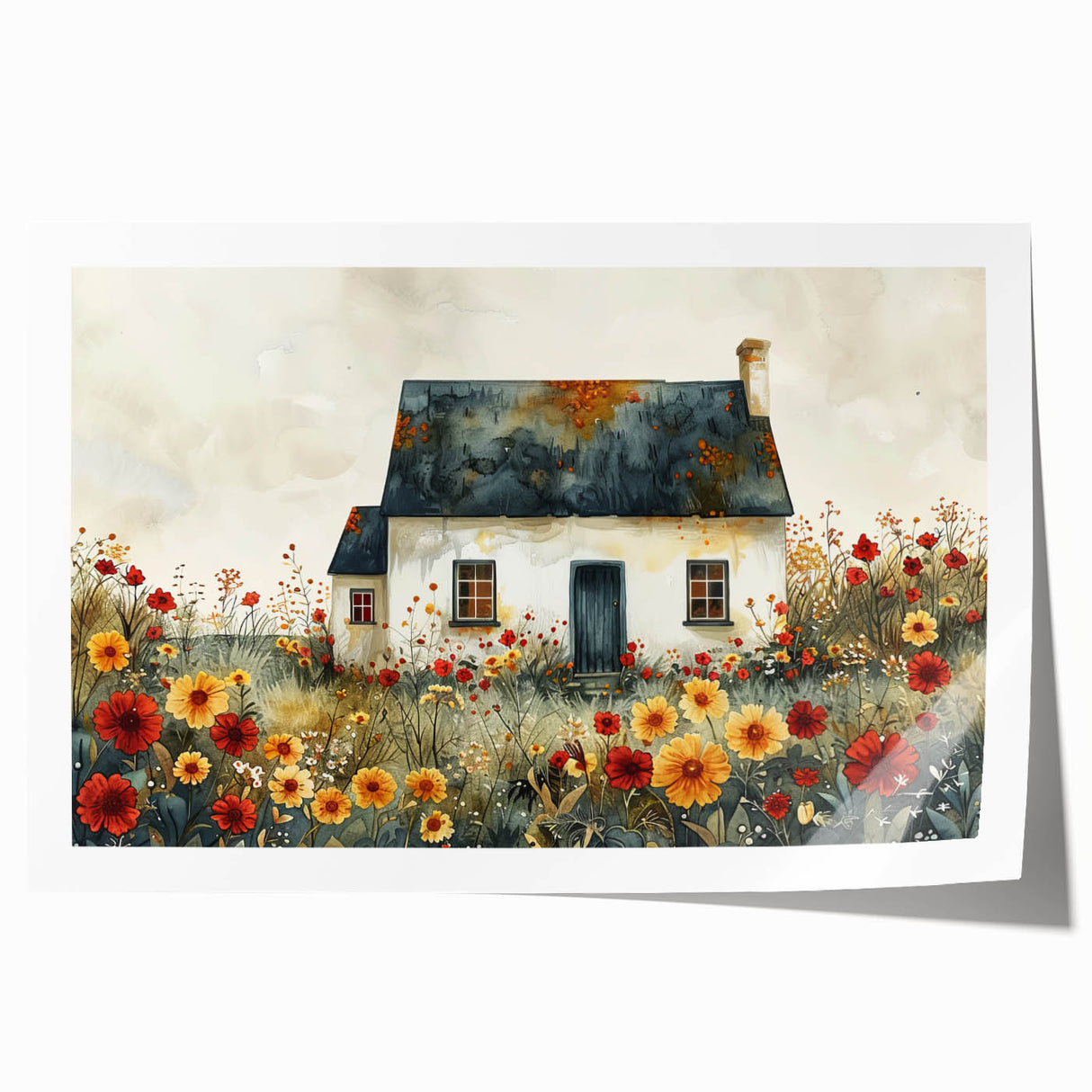 Rolled print of a cottage architecture design in muted earth tones, ideal for art wall dining room.