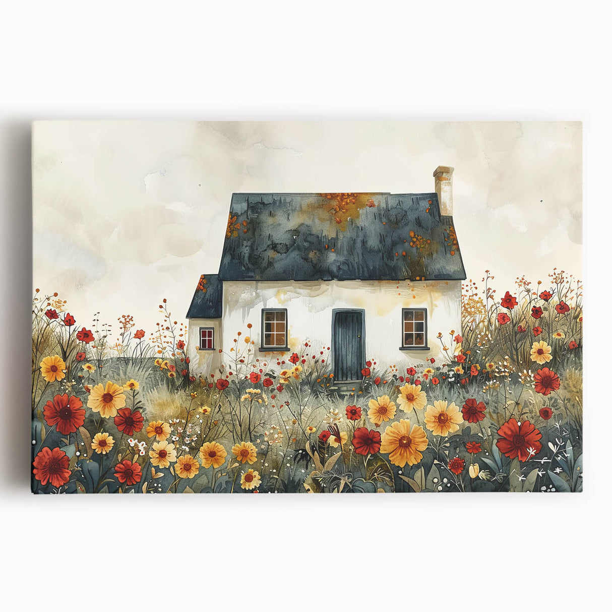 Black and white stretched canvas of quaint cottages, ideal for kitchen wall art or bedroom decor.