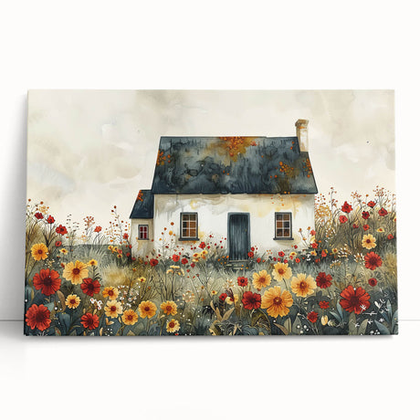 Large stretched canvas featuring a row of colorful cottages, ideal for kitchen wall art.