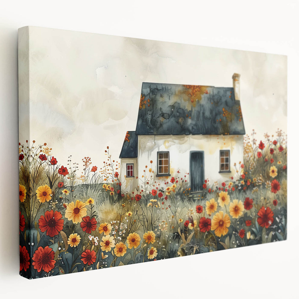 Black and white photo of quaint cottages on stretched canvas, ideal for kitchen wall art.