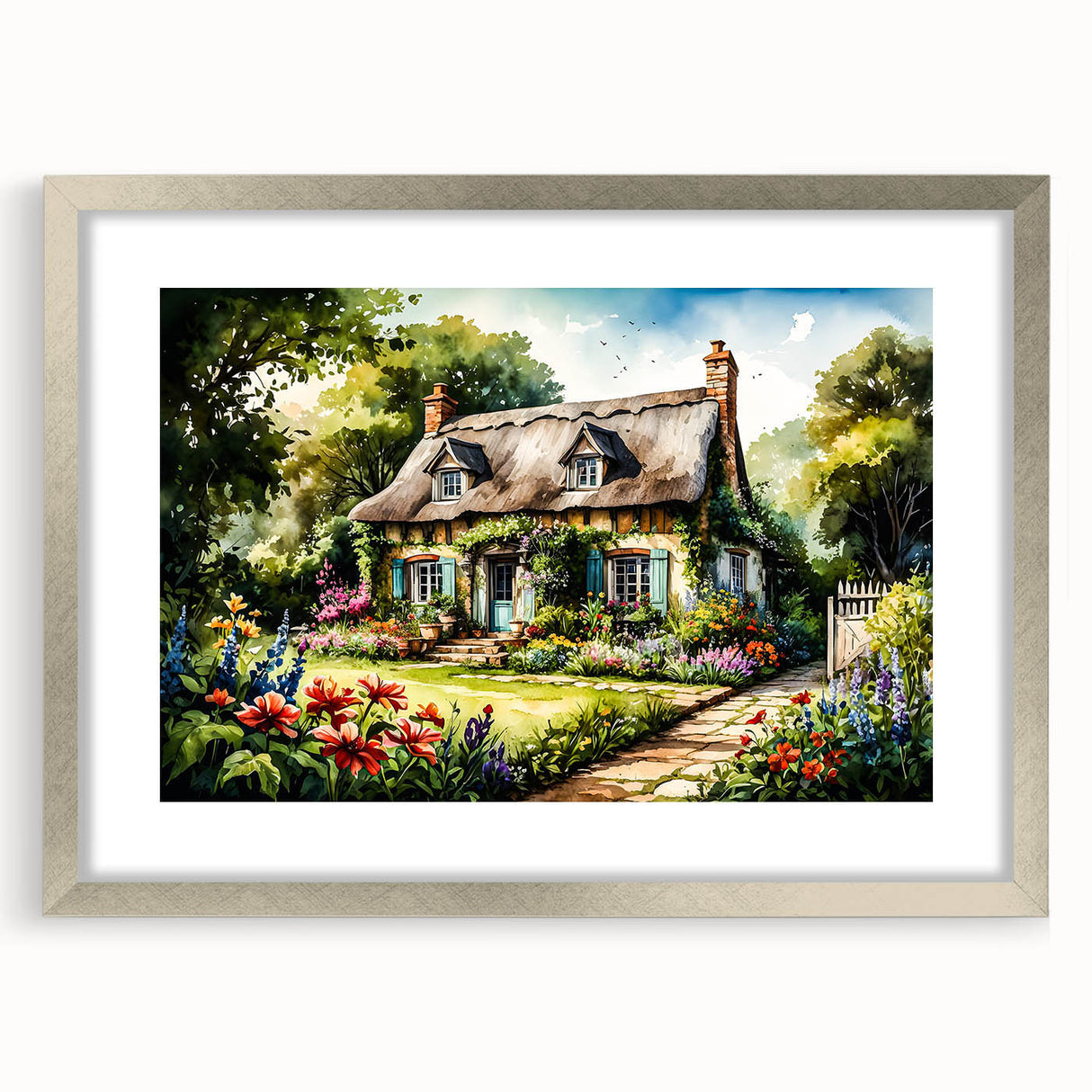 Textured abstract art print of cottages in muted earth tones on a framed silver mat, suitable for bedroom decor.