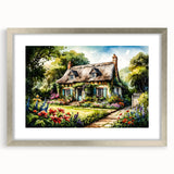 Textured abstract art print of cottages in muted earth tones on a framed silver mat, suitable for bedroom decor.