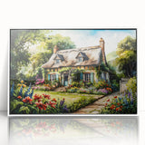 Mid-century modernist art depicting architecture and cottages in muted tones on a large framed acrylic print.