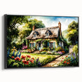 Vintage poster art of colorful cottages in black frame, ideal for large living room walls.