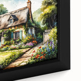 Textured black wall art featuring colorful, abstract cottages on a large framed canvas, ideal for living room decor.