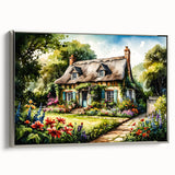 Black and white vintage poster art of cottages, framed canvas, ideal for bedroom wall decor.