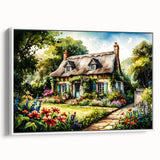 Landscape art painting of colorful cottages in vintage poster style on a framed canvas, ideal for living room decor.