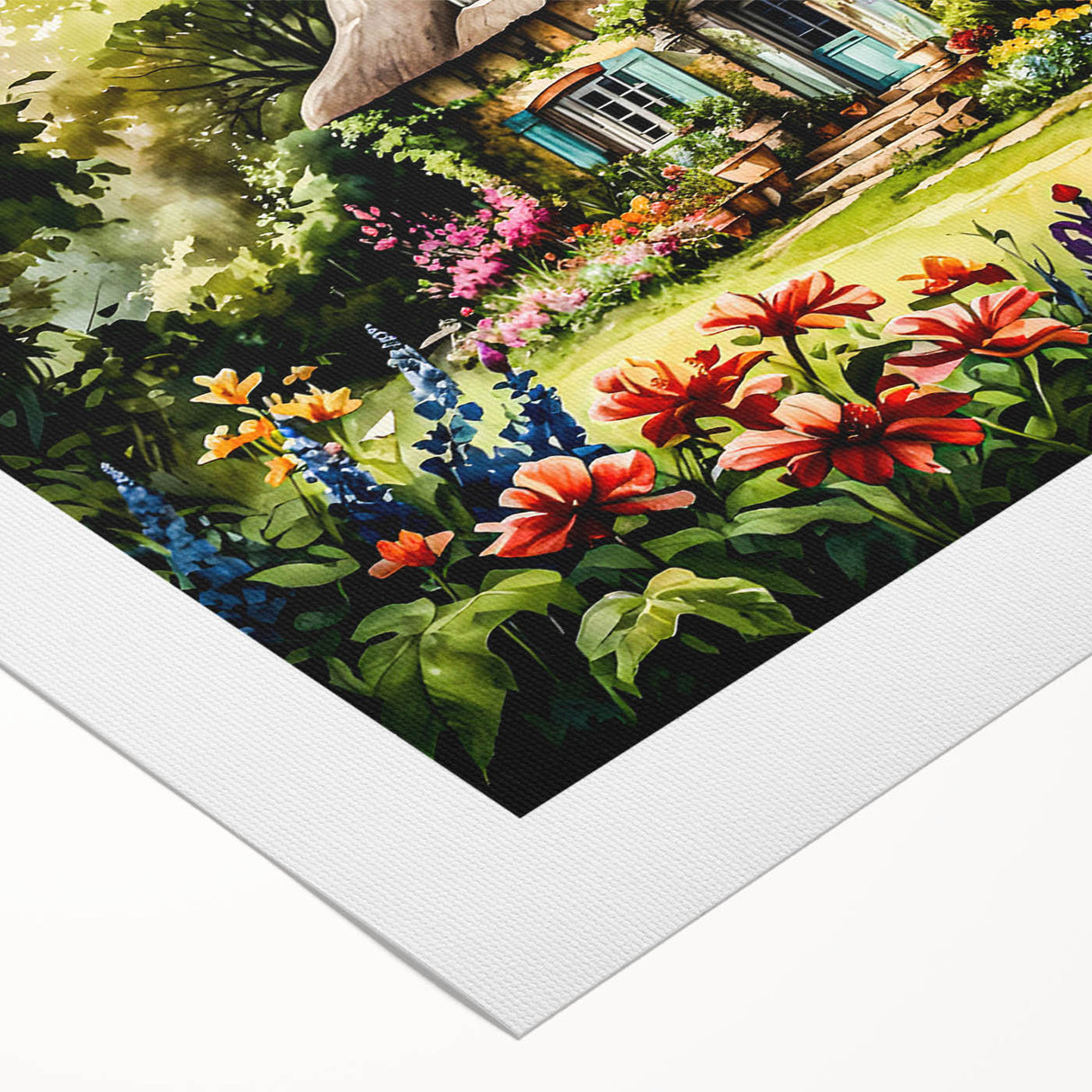 Art Deco poster featuring a row of colorful cottages, printed on rolled canvas, suitable for dining room decor.