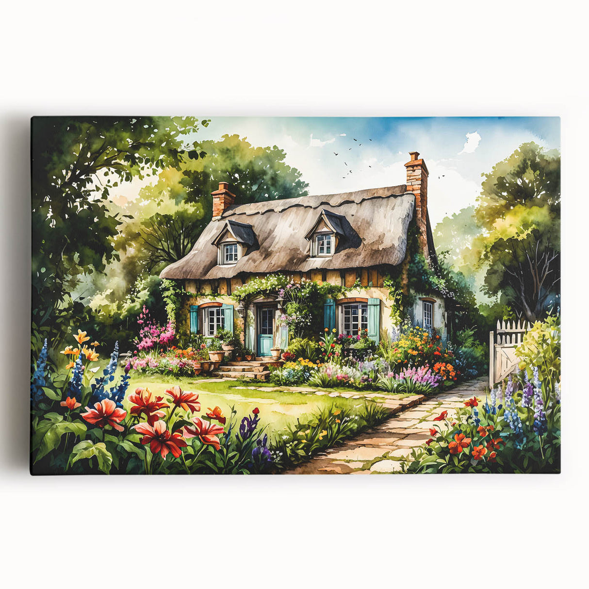 Black and white photo of quaint cottages on stretched canvas, ideal for kitchen wall art.