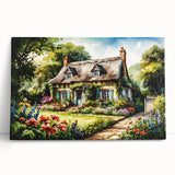 Black and white photo of quaint cottages on stretched canvas, ideal for kitchen wall art or bedroom ambiance.