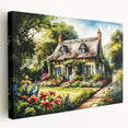 Collection of stretched canvas wall art featuring a row of colorful cottage designs, ideal for kitchen wall art.